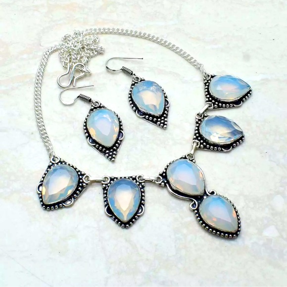 Opalite Gemstone Handcrafted Necklace & Earring Set Opalescent & Milky 3 pieces - Picture 3 of 9